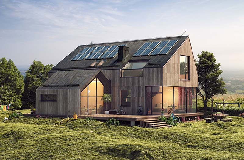 wooded house with solar panels 