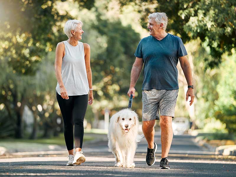 An elderly couple smiling while walking on the street with their dog. 